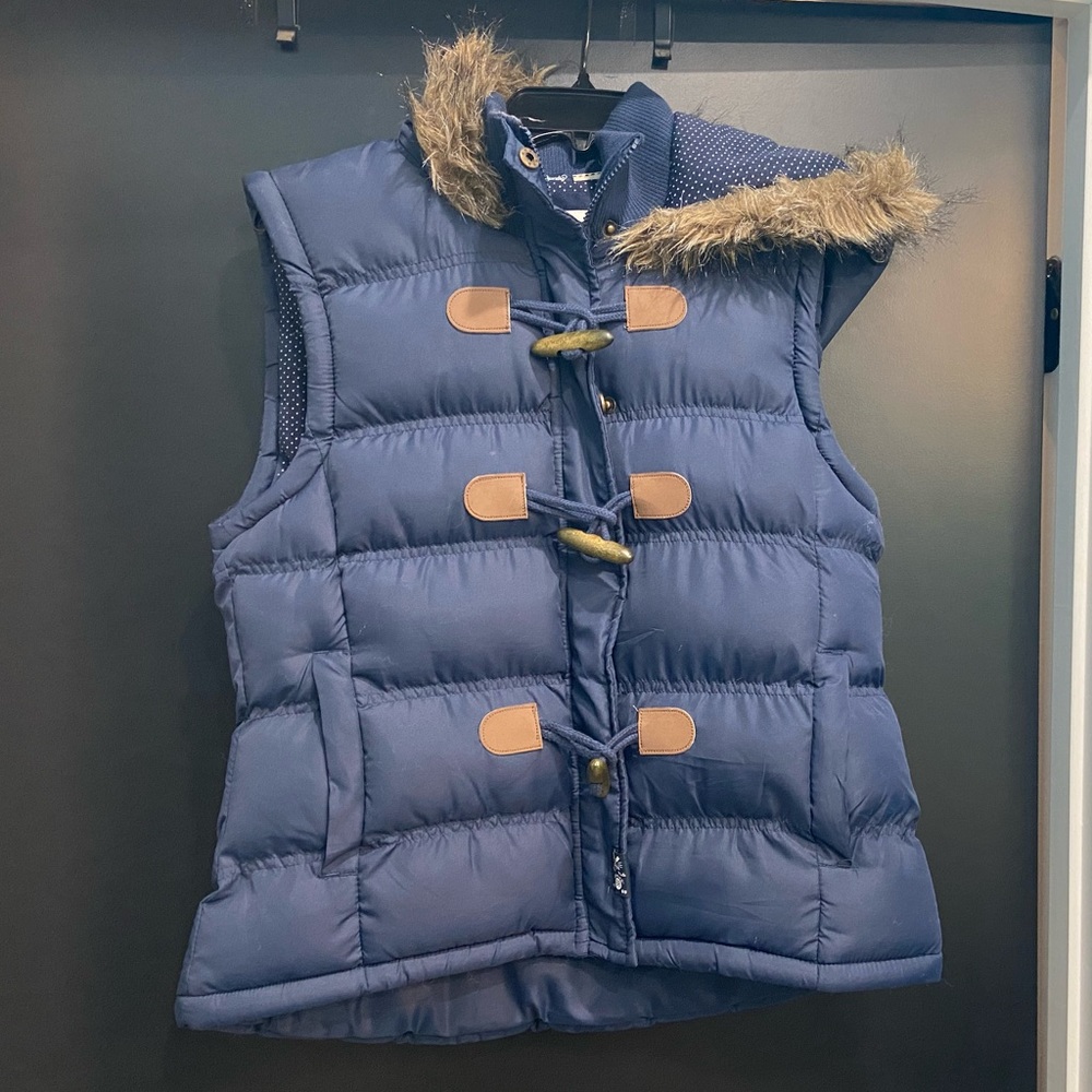 Navy Puffer Vest Fur Lined Size L